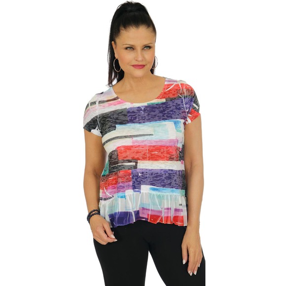 Impulse Women's Stripe Print Top Size M Abstract Dressy T-Shirt Ruffle Hem NWT - Picture 1 of 2